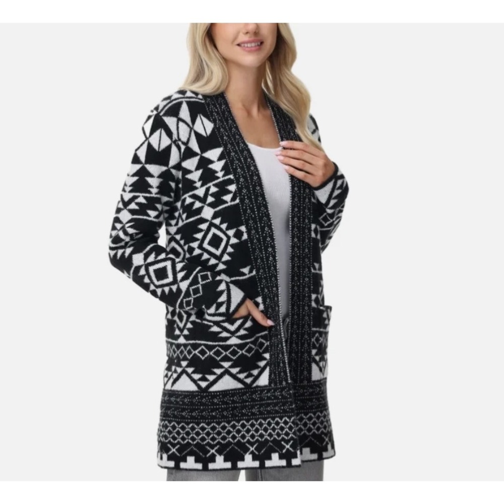 Frye Cardigan Sweater Womens L Black White Excellent Geometric Aztec Open Front